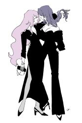  2girls acheron_(honkai:_star_rail) arm_around_waist black_dress black_footwear black_jacket black_pants black_shirt black_swan_(honkai:_star_rail) breasts closed_eyes dress english_commentary face-to-face full_body gloves grey_gloves hand_in_pocket high_heels highres holding_another&#039;s_hair honkai:_star_rail honkai_(series) jacket jewelry long_hair multicolored_hair multiple_girls open_mouth pants pantyhose pink_hair profile purple_hair shirt signature streaked_hair white_background yoiyoiseka yuri 