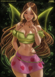  ahoge blonde_hair breasts brown_hair bug butterfly cleavage commentary commission cowboy_shot crop_top dark-skinned_female dark_skin earrings english_commentary fairy fairy_wings female flora_(winx_club) food_print green_eyes green_shirt highres hoop_earrings izhardraws jewelry large_breasts lips long_hair looking_at_viewer midriff multicolored_hair navel pink_skirt print_skirt shirt skirt standing strawberry_print streaked_hair tan very_long_hair wings winx_club y2k_fashion 