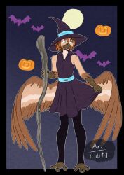  anthro arc_rose avian avian_feet bat beak bird blind clothing digital_drawing_(artwork) digital_media_(artwork) disability dress_shirt feet halloween hat headgear headwear hi_res holidays jack-o&#039;-lantern legwear magic_user mammal shirt simple_background standing stick talon_hands talons thigh_highs toes topwear vanilla_(arcrose) wings witch witch_costume witch_hat 