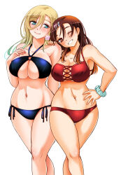  2girls ;d aqua_eyes aqua_scrunchie bikini blonde_hair blue_bikini blush breasts brown_eyes brown_hair closed_mouth commentary_request crossed_legs feet_out_of_frame grin hair_between_eyes hair_ornament hairclip hand_on_another&#039;s_shoulder hand_on_own_chest hand_on_own_hip highres huge_breasts kuzuryuu_hanako large_breasts long_hair looking_at_viewer multiple_girls navel one_eye_closed red_bikini scrunchie side-tie_bikini_bottom simple_background smile sogabe_toshinori standing stomach swimsuit tsuruhashi_madoka watson_cross white_background wrist_scrunchie yankee_jk_kuzuhana-chan 