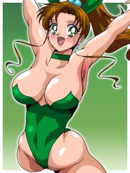  armpits arms_up bishoujo_senshi_sailor_moon breasts brown_hair curvy female green_eyes green_leotard highleg highres inaba_(tensai21) kino_makoto large_breasts leotard long_hair looking_at_viewer open_mouth playboy_bunny ponytail sailor_jupiter smile solo wide_hips 