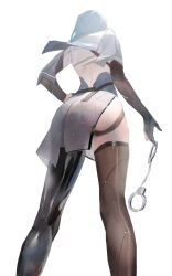  absurdres ass cuffs facing_ahead female from_below gloves half_gloves handcuffs highres holding holding_handcuffs legs medium_hair original thighhighs thighs white_background world_(1257843324) 