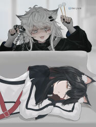  2girls :d animal_ear_fluff animal_ears arknights arms_up arrow_(symbol) black_hair black_jacket black_nails blurry blurry_background blush_stickers brown_eyes chains commentary couch emoji evil_smile fingerless_gloves fingernails gloves grey_eyes grey_gloves grey_hair hair_ornament hairclip half-closed_eye highres holding holding_leash indoors jacket lappland_(arknights) leash long_hair long_sleeves looking_at_another looking_down lying mebe_(teadia_violet) mimikaki multicolored_hair multiple_girls nail_polish on_couch on_side one_eye_closed open_mouth red_hair scar scar_across_eye shaded_face smile streaked_hair texas_(arknights) waking_up white_jacket wolf_ears wolf_girl yuri 