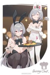  2girls absurdres animal_ears bilibili_username bilibili_xiaolu black_leotard black_pantyhose breasts closed_eyes english_text fake_animal_ears food fork grey_hair grin hair_ornament highres holding holding_fork holding_ladle holding_tray ladle large_breasts leotard long_hair multiple_girls original pantyhose playboy_bunny red_eyes smile squatting standing tray very_long_hair watermark white_leotard white_pantyhose 