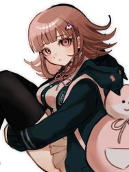  animal_bag black_shirt black_thighhighs blush brown_hair brown_skirt cat_bag danganronpa_(series) danganronpa_2:_goodbye_despair dress_shirt female flipped_hair galaga green_jacket hair_ornament hood hood_down hooded_jacket ikemen&#039;na_ore-shi jacket knees_up medium_hair miniskirt nanami_chiaki neck_ribbon open_clothes open_jacket parted_lips pink_eyes pink_ribbon pleated_skirt ribbon shirt simple_background skirt solo teeth thighhighs white_shirt 