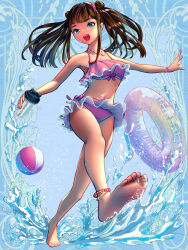  anklet ball bare_arms bare_legs bare_shoulders barefoot beachball blue_background blue_eyes bottle brown_hair double_bun feet female hair_bun hair_ornament happy holding holding_bottle innertube jewelry kicking long_hair long_neck looking_to_the_side midriff nail_polish navel necklace nitaka_room open_mouth original outstretched_arms pink_nails soles solo sparkling_eyes splashing straight_hair swim_ring swimsuit tachimoto_shiori_(nao) teeth toenail_polish toenails upper_teeth_only 