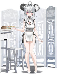  absurdres ahoge bamboo_steamer black_panties blush breasts bun_cover chestnut_mouth china_dress chinese_clothes cleavage cleavage_cutout clothing_cutout commentary_request covered_groin double_bun dress female food food_request grey_hair hair_between_eyes hair_bun hair_intakes highres holding holding_plate kamioka_shun&#039;ya large_breasts long_hair looking_at_viewer original panties parted_lips plate purple_eyes shadow shiori_(kamioka_shun&#039;ya) shoes side-tie_panties simple_background sleeveless sleeveless_dress solo table underwear white_background white_dress white_footwear 