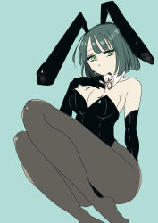  :o absurdres animal_ear_hairband animal_ears black_leotard black_pantyhose blue_background blunt_bangs blunt_ends breasts cleavage collarbone commentary_request detached_collar fake_animal_ears female flower_knot foot_out_of_frame green_eyes green_hair hairband hand_on_own_chest highres knees_up leotard link!_like!_love_live! love_live! medium_breasts momose_ginko neck_flower neck_ribbon pantyhose playboy_bunny rabbit_ear_hairband rabbit_ears red_ribbon ribbon rinren_(chun8chun8chun) short_hair sitting solo strapless strapless_leotard virtual_youtuber 