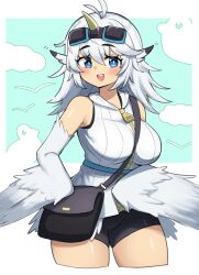  animal_ears antenna_hair bag bare_shoulders bike_shorts bird_ears bird_tail blue_eyes blush breasts bright_pupils cloud commentary fake_beak feathers female hair_between_eyes harpy highres jaya_(lightklok) large_breasts long_hair messenger_bag monster_girl open_mouth original shoulder_bag sifserf sleeveless sleeveless_jacket solo tail teeth upper_teeth_only white_feathers white_hair white_pupils white_wings winged_arms wings zipper zipper_pull_tab 