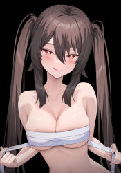  :q absurdres alternate_breast_size artist_name black_background black_nails blush breasts brown_hair chest_sarashi cleavage collarbone commentary_request female fingernails flower-shaped_pupils genshin_impact hair_between_eyes highres hu_tao_(genshin_impact) large_breasts looking_at_viewer nail_polish paid_reward_available red_eyes rosumerii sarashi simple_background solo symbol-shaped_pupils tongue tongue_out twintails upper_body 