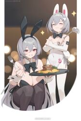  2girls absurdres animal_ears bilibili_username bilibili_xiaolu black_leotard black_pantyhose breasts closed_eyes fake_animal_ears food fork grey_hair grin hair_ornament highres holding holding_fork holding_ladle holding_tray ladle large_breasts leotard long_hair multiple_girls original pantyhose playboy_bunny red_eyes smile squatting standing tray very_long_hair watermark white_leotard white_pantyhose 