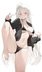  absurdres ahoge albino barefoot bikini black_bikini black_jacket blush breasts bright_pupils chukibabo2 clenched_hand clenched_teeth feet female hair_between_eyes highres jacket large_breasts leg_up long_hair long_sleeves looking_at_viewer navel open_clothes open_jacket orange_eyes original simple_background solo standing standing_on_one_leg string_bikini sweat swimsuit teeth thick_eyelashes toes underboob v-shaped_eyebrows very_long_hair white_background white_hair white_pupils 