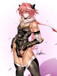  1boy astolfo_(fate) black_bow black_leotard black_thighhighs bow bowalia braid bulge covered_abs detached_sleeves fate/grand_order fate_(series) hair_between_eyes hair_intakes hairbow leotard long_braid male_focus mask mouth_mask multicolored_hair ninja ninja_mask pink_hair purple_eyes scarf single_braid solo standing streaked_hair thighhighs white_hair white_scarf 