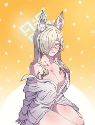  absurdres animal_ear_fluff animal_ears anygatsby blonde_hair blue_archive blue_eyes blue_halo blush breasts cleavage clenched_teeth dog_ears female hair_over_one_eye halo highres kanna_(blue_archive) large_breasts long_hair looking_at_viewer naked_shirt sharp_teeth shirt single_off_shoulder sitting sleeves_past_wrists solo teeth white_shirt yellow_background 