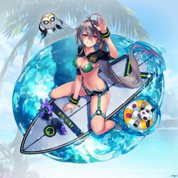  ahoge arm_up bikini black_shorts blurry blurry_background breasts cleavage commentary_request da-kuro female from_above full_body green_bikini grey_hair hair_between_eyes hair_ornament innertube laevateinn_(phantom_of_the_kill) long_hair looking_at_viewer medium_breasts navel official_alternate_costume official_art on_innertube orange_innertube phantom_of_the_kill red_eyes second-party_source short_shorts shorts sitting smile surfboard swim_ring swimsuit two-tone_innertube very_long_hair water wet wet_hair white_innertube 