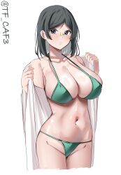  absurdres alternate_costume bikini black_hair breasts cleavage cowboy_shot female green_bikini grey_eyes groin highres kantai_collection kirishima_(kancolle) large_breasts medium_hair navel one-hour_drawing_challenge parted_lips rimless_eyewear simple_background solo stomach swimsuit tf_cafe twitter_username undressing white_background 