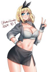  absurdres bandeau black_hairband black_skirt blonde_hair blue_eyes contrapposto cosplay cowboy_shot cropped_jacket dated female fingerless_gloves gloves grey_bandeau grey_gloves grey_jacket hairband highres jacket kantai_collection katou_shinobu midriff navel nelson_(kancolle) nelson_(kancolle)_(cosplay) nelson_(race_queen)_(kancolle) race_queen rodney_(kancolle) short_hair skirt solo stomach twitter_username 