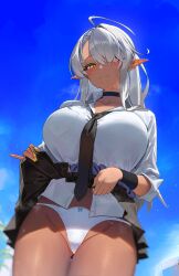  ahoge anima_(togashi) ass_visible_through_thighs black_necktie black_skirt bow bow_panties breasts closed_mouth clothes_lift collared_shirt commentary_request dark-skinned_female dark_skin day elf eyes_visible_through_hair female from_below grey_hair hair_over_one_eye highres large_breasts lifting_own_clothes long_bangs long_sleeves looking_at_viewer looking_down miniskirt mole mole_under_mouth nail_polish necktie original outdoors paid_reward_available panties pleated_skirt pointy_ears shirt shirt_tucked_in skirt skirt_lift smile solo sweat thighs underwear white_panties white_shirt yellow_eyes yellow_nails 