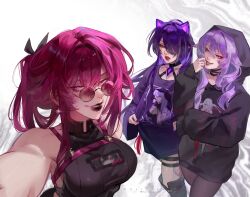  3girls absurdres acheron_(honkai:_star_rail) animal_ear_headphones animal_ears artist_name black_hoodie black_lips black_shirt black_swan_(honkai:_star_rail) boots cat_ear_headphones ear_piercing eyeshadow fake_animal_ears hair_over_one_eye headphones highres honkai:_star_rail honkai_(series) hood hoodie ikari_inu kafka_(honkai:_star_rail) knee_boots leg_tattoo makeup multicolored_hair multiple_girls pantyhose piercing pink_eyes pink_hair purple_hair purple_nails purple_sweater red_eyeshadow red_lips round_eyewear shirt signature streaked_hair sweater tattoo white_background yellow_eyes 