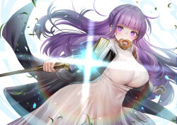  absurdres black_coat blunt_bangs breasts coat commentary doughnut dress female fern_(sousou_no_frieren) floating_hair food food_in_mouth half_updo highres holding holding_food holding_staff large_breasts long_sleeves looking_at_viewer mage_staff open_clothes open_coat purple_eyes purple_hair see-through_clothes solo sousou_no_frieren staff straight_hair teddy_(khanshin) white_dress 