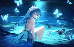  absurdres armlet back bare_legs black_flower blake_bloom_(wuthering_waves) blue_butterfly blue_theme blue_veil breasts bug butterfly closed_mouth commentary dress female flower from_behind from_side hair_between_eyes highres jewelry large_breasts legs long_hair looking_at_viewer purple_eyes red_pupils sitting sleeveless sleeveless_dress smile solo the_shorekeeper_(wuthering_waves) two-tone_veil usagi_(786113654) veil white_dress white_veil wuthering_waves 