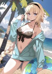  beach bikini black_bikini blonde_hair blue_eyes blue_jacket braid braided_ponytail breasts cleavage collarbone fate/grand_order fate_(series) female hairband highres hood hooded_jacket jacket jeanne_d&#039;arc_(fate) jeanne_d&#039;arc_(swimsuit_archer)_(fate) jeanne_d&#039;arc_(swimsuit_archer)_(first_ascension)_(fate) large_breasts long_hair long_sleeves looking_at_viewer navel porikeracchou solo swimsuit thighs very_long_hair 