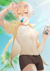  1boy aether_(genshin_impact) ahoge black_male_swimwear blonde_hair blush braid cellphone earrings eyewear_on_head food food_in_mouth genshin_impact glasses hair_between_eyes highres holding holding_phone jewelry long_hair male_focus male_swimwear mouth_hold navel nipples open_clothes open_shirt phone popsicle popsicle_in_mouth rinnymarch shirt smartphone solo stomach yellow_eyes yellow_shirt zhongli_(genshin_impact) 