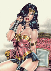  1girls 2018 amazon arm_band big_breasts black_hair blue_eyes bracer bracers breastplate breasts busty cleavage couch cushion dated dc dc_comics diana_prince ed_benes_studio eyeshadow female female_only full_cleavage goddess human justice_league large_breasts leg_band lipstick long_hair makeup mascara medson_lima pillow pillows pinup red_lips red_lipstick signature sitting skirt solo superheroine themysciran thighs tiara wonder_woman wonder_woman_(series) 