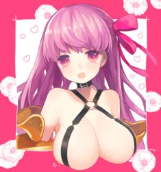  bad_id bad_pixiv_id blush breasts claws commentary_request fate/extra fate/extra_ccc fate_(series) female floral_background hair_ribbon heart large_breasts long_hair looking_at_viewer munuko o-ring o-ring_top open_mouth passionlip_(fate) pink_background pink_eyes purple_hair purple_ribbon revealing_clothes ribbon solo tears upper_body wavy_mouth 