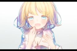  :d bad_id bad_pixiv_id blonde_hair blue_eyes blush character_request commentary_request copyright_request female frills hand_up letterboxed looking_at_viewer munuko open_mouth smile solo upper_body 