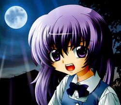  bow bowtie commentary_request female full_moon hanyuu higurashi_no_naku_koro_ni horns long_hair moon night oerba_yun_fang purple_eyes purple_hair sachiko shirt vest 