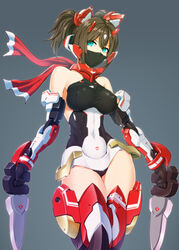  armor asura_ninja breasts brown_hair commentary_request covered_nipples dagger dual_wielding female green_eyes holding jamadhar knife large_breasts leotard looking_at_viewer mask megami_device mouth_mask nandz ninja ninja_mask photoshop_(medium) red_scarf scarf short_hair solo twintails weapon 