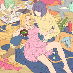  2boys all_fours barefoot blue_eyes blush book breasts chinese_commentary commentary_request covered_nipples drawing feeding female filia_ul_copt gloves green_hair long_hair lying lyxu medium_breasts multiple_boys open_mouth photoshop_(medium) pointy_ears purple_eyes purple_hair ribbon see-through sick sitting skirt slayers slayers_try spoon sweat tail tail_ornament tail_ribbon xelloss 