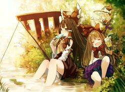  &gt;_&lt; 3girls alcohol ascot bag beer blonde_hair blush brown_hair chobi_(sakuyasakuhana) closed_eyes commentary detached_sleeves eating fishing fishing_rod food full-face_blush grin grocery_bag hair_ribbon hair_tubes hakurei_reimu hat holding horns ibuki_suika japanese_clothes kirisame_marisa light_brown_hair long_hair long_sleeves looking_away miko multiple_girls nature oerba_yun_fang open_mouth partially_submerged popsicle puffy_sleeves ribbon shirt shopping_bag short_sleeves sitting skirt skirt_set sleeveless smile touhou vest water wide_sleeves witch_hat 