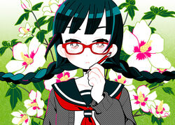  1-tuka bad_id bad_pixiv_id black_hair blunt_bangs blush braid bud cardigan collarbone colored_skin commentary eyebrows female flat_color floral_background flower frown glasses hand_up long_hair looking_at_viewer mechanical_pencil original pencil red-framed_eyewear rose_of_sharon school_uniform serafuku solo twin_braids unmoving_pattern upper_body white_flower white_skin 