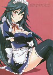  absurdres black_hair black_thighhighs blush breast_hold breasts cleavage crossed_legs doujinshi female frown highres infinite_stratos large_breasts maid maid_headdress orimura_chifuyu red_eyes scan sitting solo thighhighs translation_request yamaki_suzu 