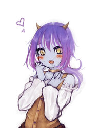  bare_shoulders blue_skin blush buttons choker demon demon_girl detached_sleeves hantoumei_namako heart horns looking_at_viewer open_mouth ponytail purple_hair sharp_teeth simple_background slit_pupils smile solo teeth upper_body white_background yellow_eyes 