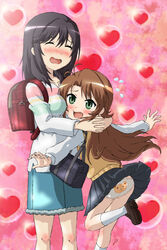  2girls animal_print back-print_panties backpack bag bear_panties bear_print between_breasts black_hair blush breasts brown_hair closed_eyes commentary_request drooling green_eyes head_between_breasts height_difference highres ichijou_hotaru koshigaya_komari loafers long_hair multiple_girls non_non_biyori oerba_yun_fang panties pantyshot print_panties randoseru shirt shoes skirt socks striped_clothes striped_shirt sweater_vest underwear vzmk2 white_legwear yuri 