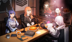  1boy 5girls ahoge alternate_costume armrest binder black_gloves black_necktie blonde_hair blue_hair blush bow breasts buttons chair chinese_commentary clenched_hand clock closed_mouth coat commander_(girls&#039;_frontline) commentary_request computer cup double-breasted eyes_visible_through_hair facedesk fingerless_gloves food fork fur_trim girls&#039;_frontline glasses gloves green_eyes grey_hair griffin_&amp;_kryuger_military_uniform hair_between_eyes hair_over_shoulder hand_on_table head_on_table headgear helianthus_(girls&#039;_frontline) highres holding holding_fork holding_paper horns kalina_(girls&#039;_frontline) laptop leotard light logo long_hair low-tied_long_hair m4a1_(girls&#039;_frontline) microphone microphone_stand monocle mug multiple_girls mush necktie notebook orange_eyes orange_hair paper pen petals pie pk_(girls&#039;_frontline) plate ponytail red_coat red_eyes scarf scrunchie shadow shawl shirt short_hair sidelocks sleeve_cuffs smile spatula springfield_(girls&#039;_frontline) studio_microphone sweatdrop swept_bangs table tar-21_(girls&#039;_frontline) tied_hair uniform utensil_in_mouth very_long_hair white_hair white_leotard white_shirt wing_collar wire wooden_table 