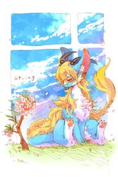  2:3 ambiguous_gender blonde_hair blue_body blue_fur dragon fur hair kemono long_hair mythological_creature mythological_scalie mythology pipisan scalie solo tail 