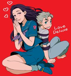  1boy barefoot bondage bondage bound brown_eyes clenched_teeth commentary_request diamond_wa_kudakenai female flower green_eyes grey_hair heart hirose_koichi jojo_no_kimyou_na_bouken lips long_hair love_deluxe mikey_uo prehensile_hair purple_hair red_background rose school_uniform serafuku sitting skirt smile stand_(jojo) sweat teeth very_long_hair yamagishi_yukako yokozuwari 