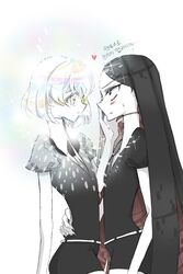  2others androgynous bad_id bad_pixiv_id black_eyes black_hair blush bort colored_eyelashes diamond_(houseki_no_kuni) easty face-to-face gem_uniform_(houseki_no_kuni) glowing glowing_hair hand_on_another&#039;s_cheek hand_on_another&#039;s_face hand_on_another&#039;s_hip heart houseki_no_kuni long_hair looking_at_another multicolored_eyes multicolored_hair multiple_others necktie other_focus rainbow_eyes rainbow_hair short_hair smile sparkle 