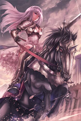  armor breasts cleavage commentary_request female horse horseback_riding long_hair medium_breasts original purple_eyes purple_hair riding ryouku solo 