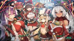  4girls alternate_breast_size antlers arm_up azur_lane bare_shoulders bell belt blonde_hair bottle breasts brown_hair cake capelet christmas cleavage clothing_cutout cup dark-skinned_female dark_skin detached_sleeves dress drinking_glass eldridge_(azur_lane) eldridge_(holy_night&#039;s_embrace)_(azur_lane) facepaint food fur-trimmed_sleeves fur_trim gift gloves groin hair_between_eyes hair_ornament hair_ribbon headphones height_difference highleg highleg_panties holding holding_sack holding_tray horns izumo_(azur_lane) large_breasts long_hair long_sleeves looking_at_viewer merry_christmas midriff minneapolis_(azur_lane) multiple_girls navel navel_cutout official_alternate_costume official_art open_mouth panties plaid plaid_scarf pointy_ears pom_pom_(clothes) ponytail purple_hair red_capelet red_dress red_eyes red_hood red_skirt reindeer_antlers ribbon sack santa_costume scarf sheath short_hair side-tie_panties sideboob siqi_(miharuu) skin-covered_horns skirt snowflake_hair_ornament streamers sword thigh_gap thighs tray turkey_(food) underwear very_long_hair weapon white_hair wine_bottle wine_glass yamashiro_(azur_lane) yamashiro_(holiday_offensive)_(azur_lane) 