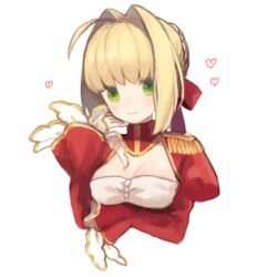  ahoge bad_id bad_pixiv_id blush braid breasts cleavage closed_mouth commentary_request cropped_torso epaulettes fate/extra fate_(series) female french_braid hair_intakes hair_ribbon hand_up heart juliet_sleeves long_sleeves looking_at_viewer munuko nero_claudius_(fate) nero_claudius_(fate/extra) puffy_sleeves red_ribbon ribbon sidelocks simple_background smile solo upper_body white_background 