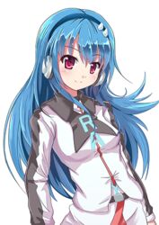  belt belt_buckle blue_hair blush buckle commentary_request female headphones long_hair long_sleeves looking_at_viewer original pink_eyes rayhwang simple_background smile solo upper_body white_background 