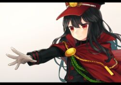  &gt;:) bad_id bad_pixiv_id black_hair buttons cloak closed_mouth commentary_request double-breasted fate_(series) female gloves hat koha-ace letterboxed long_hair military military_uniform munuko oda_nobunaga_(fate) oda_nobunaga_(koha-ace) outstretched_arm peaked_cap red_eyes smile solo uniform upper_body v-shaped_eyebrows white_gloves 