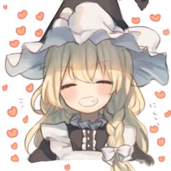  ^_^ apron bad_id bad_pixiv_id braid closed_eyes commentary_request facing_viewer female frilled_apron frills grin hair_ribbon hat kirisame_marisa long_hair munuko ribbon side_braid simple_background smile solo teeth touhou tress_ribbon upper_body white_background white_ribbon witch_hat 