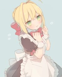  ahoge apron bad_id bad_pixiv_id blush bow bowtie braid commentary_request cowboy_shot fate/extra fate_(series) female french_braid frilled_apron frills hair_intakes hairbow hands_up heart looking_at_viewer maid munuko nero_claudius_(fate) nero_claudius_(fate/extra) parted_lips red_bow red_bowtie sidelocks solo wrist_cuffs 