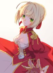  ahoge bad_id bad_pixiv_id beige_background blonde_hair blush braid breasts center_opening cleavage closed_mouth commentary_request dress epaulettes fate/extra fate_(series) female french_braid green_eyes hair_intakes hair_ribbon highres juliet_sleeves long_sleeves looking_at_viewer medium_breasts munuko nero_claudius_(fate) nero_claudius_(fate/extra) puffy_sleeves red_dress red_ribbon ribbon sidelocks simple_background smile solo 